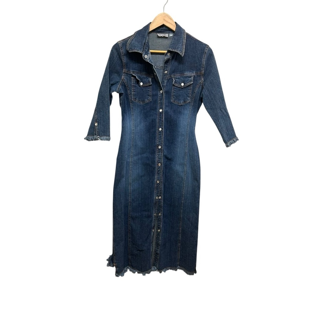 VTG Santa Barbara Denim Jean Snap Front Raw Hem Shirt Dress Size 7